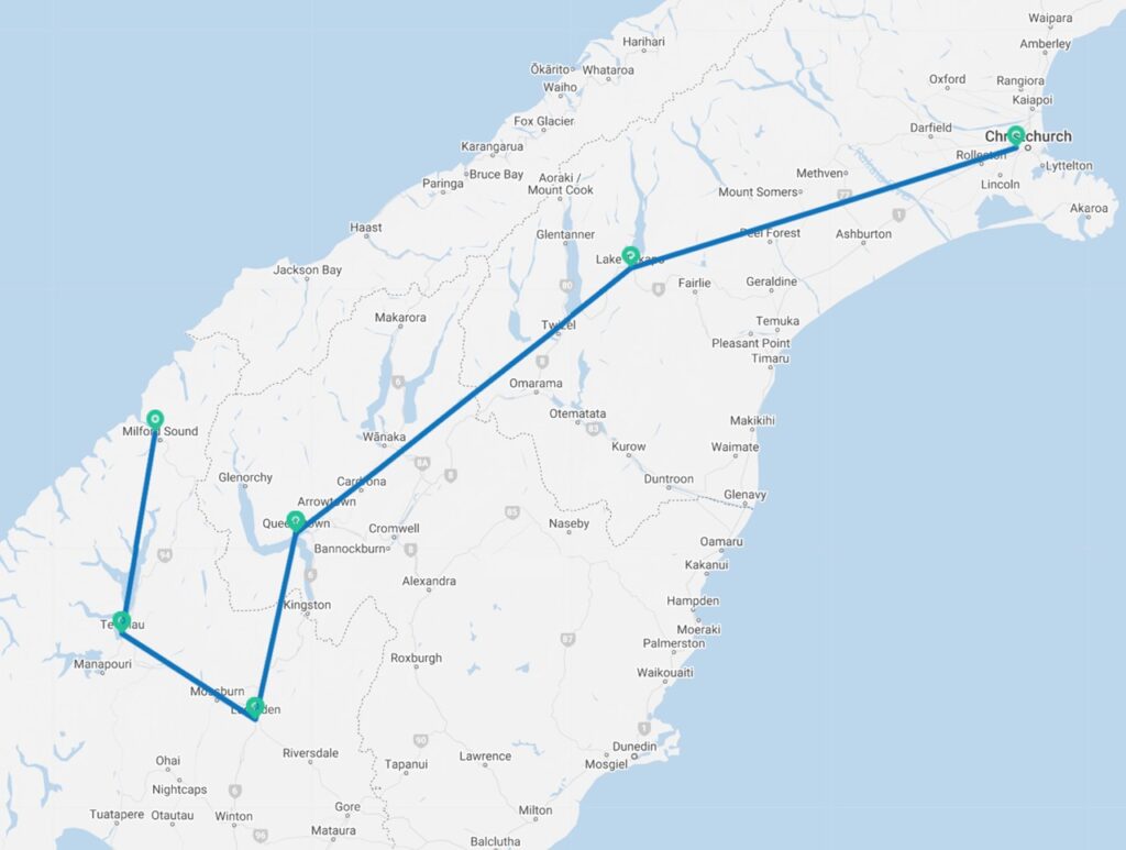 New Zealand South Island Itinerary: 6 Day Southern Highlights Map