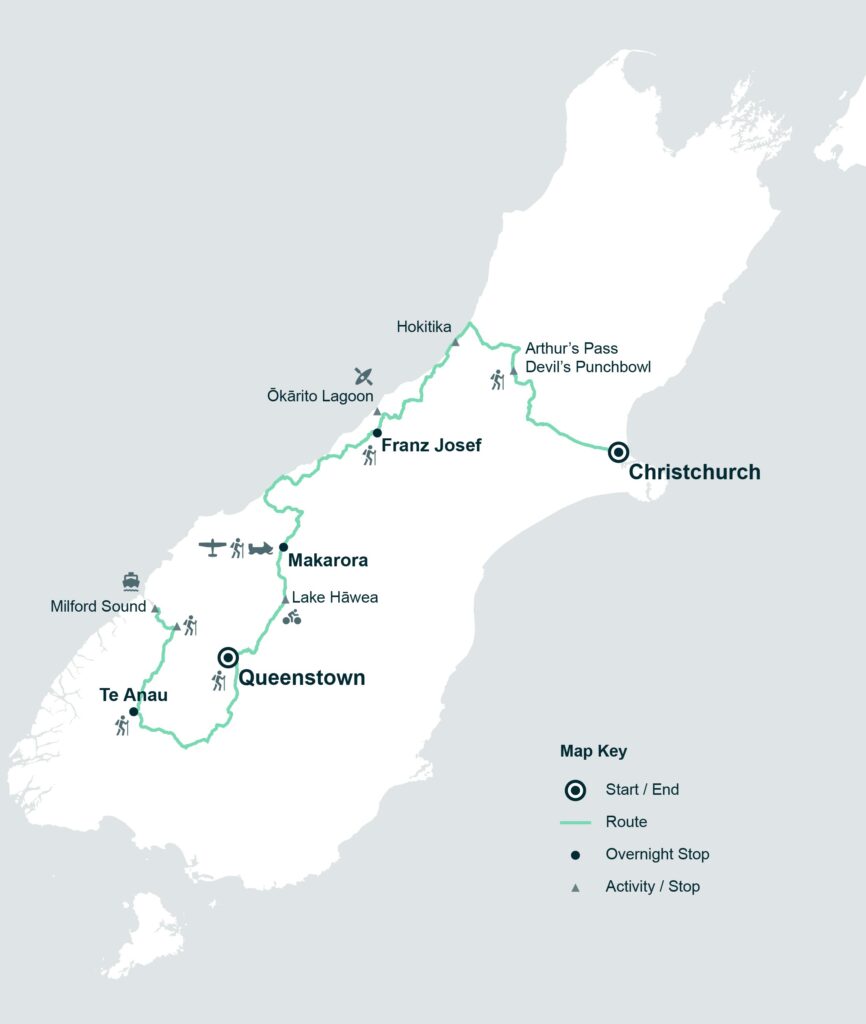 8 Day New Zealand South Island Adventure Tour Map