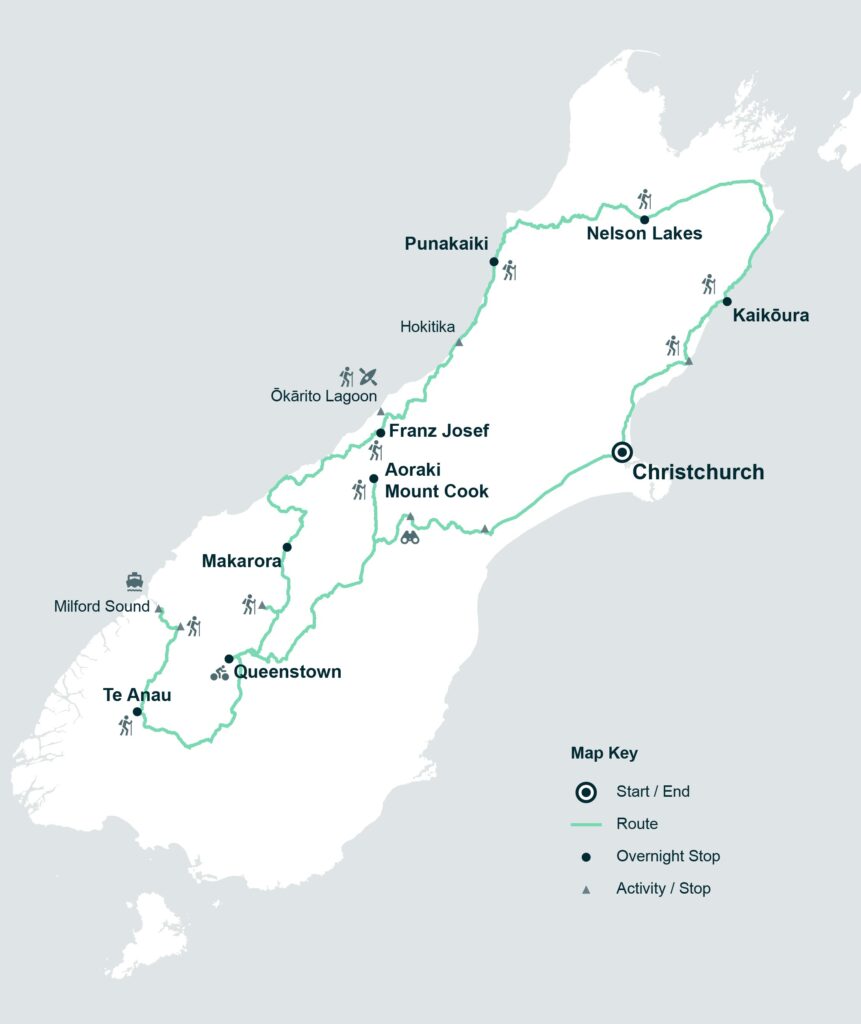 14 Day South Island Adventure Tour Map
