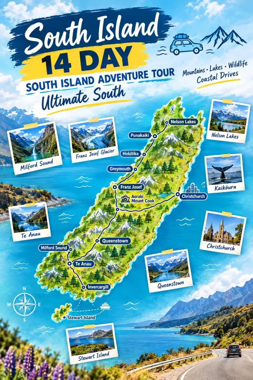 14 Day South Island Adventure Tour - Ultimate South Map