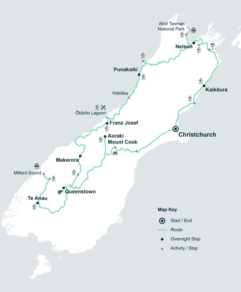 14 Day South Island Walking Adventure Tour Map