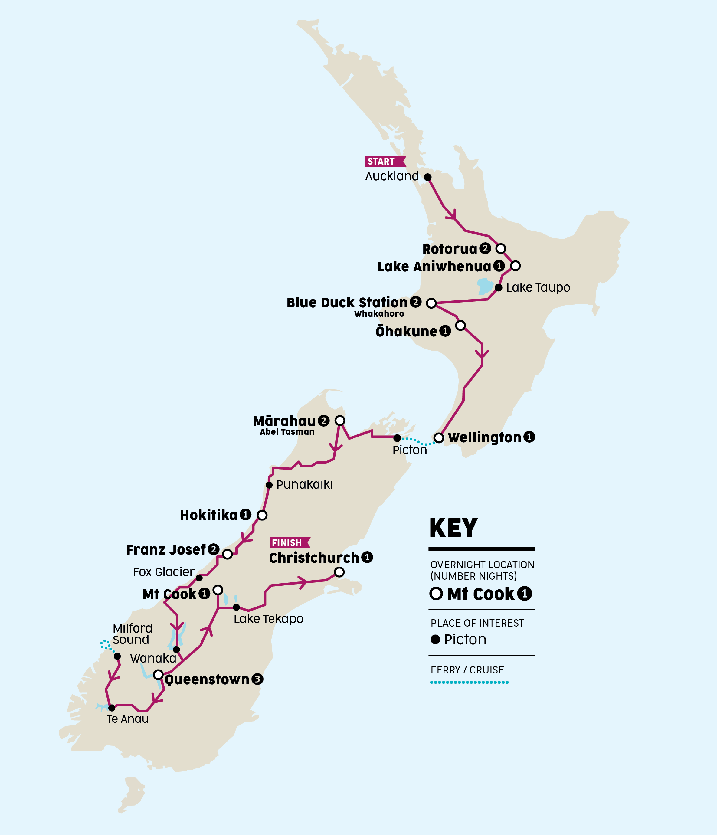 18 Day New Zealand Guided Coach Tour Map
