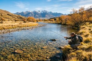 Angler casting fly on river,Fishing in New Zealand