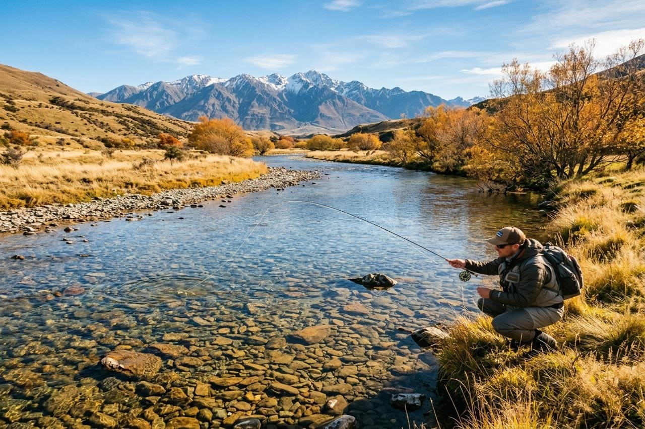 Angler casting fly on river,Fishing in New Zealand