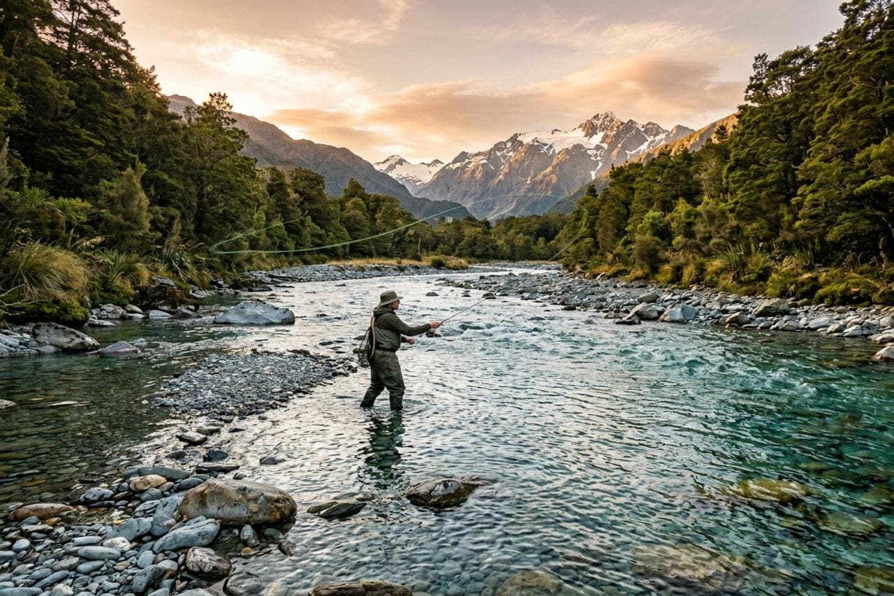 Angler casting fly rod river
