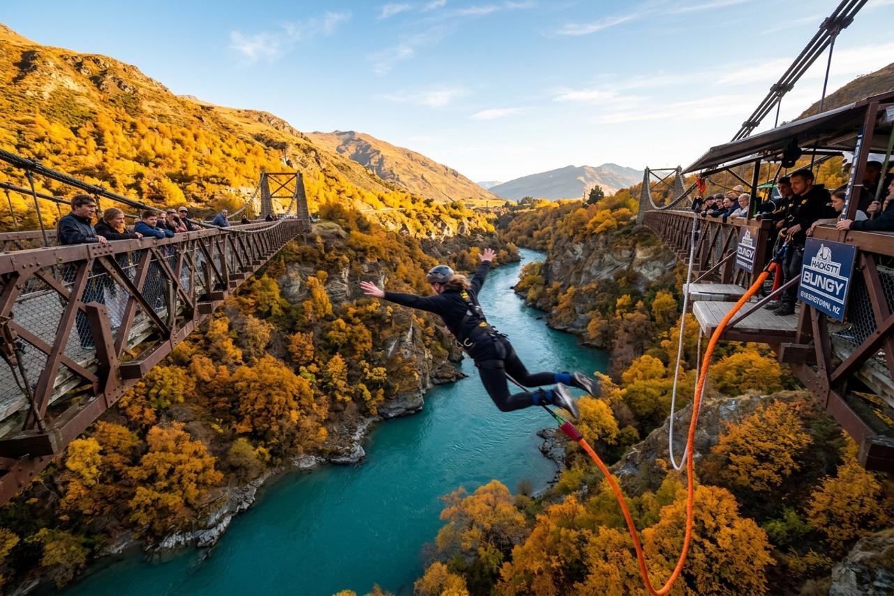 Bungee jumper leaping from bridge