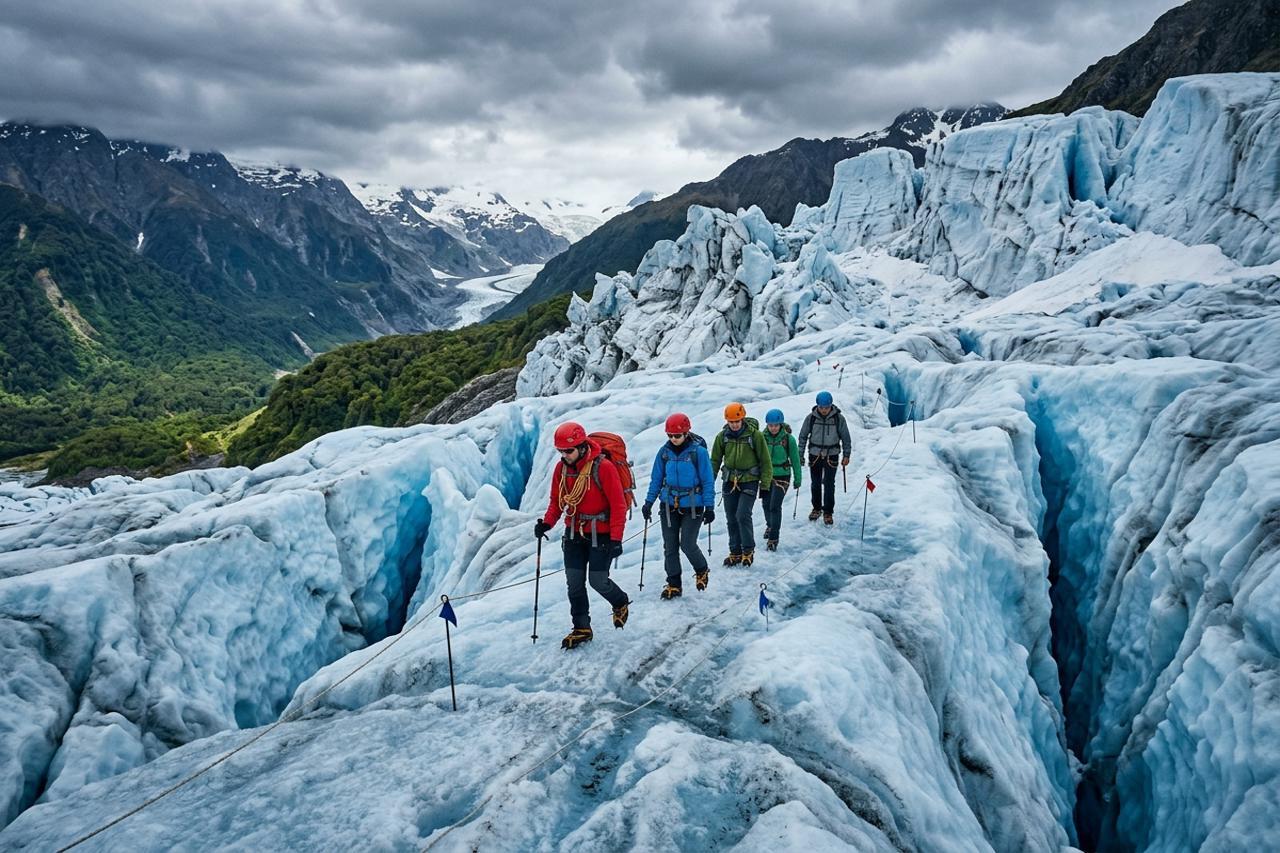 Hikers walking on blue ice