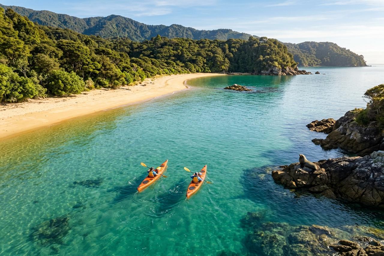 Kayakers paddling in calm waters, Adventure Activities in New Zealand