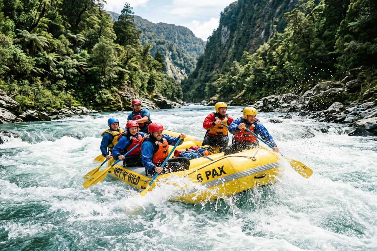 People paddling raft white water