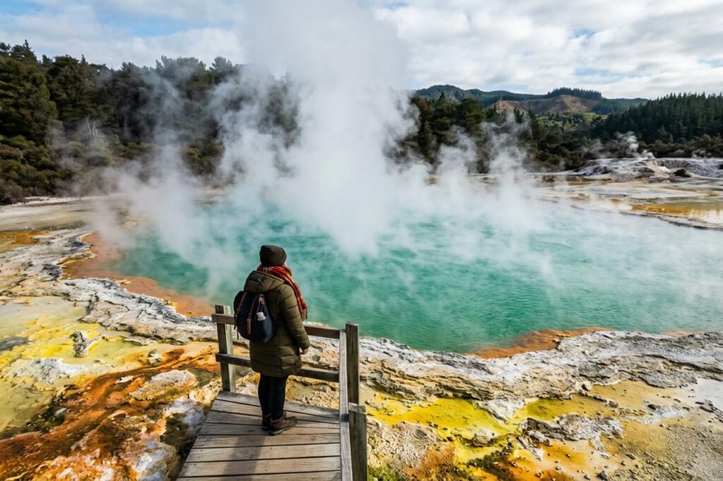Taveler at Champagne Pool, Visiting New Zealand in July