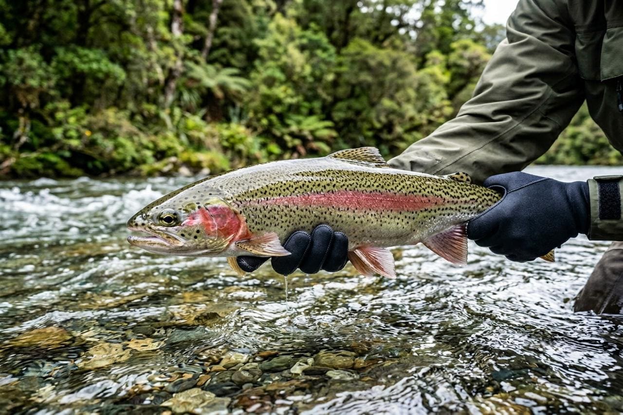 Trout held above river