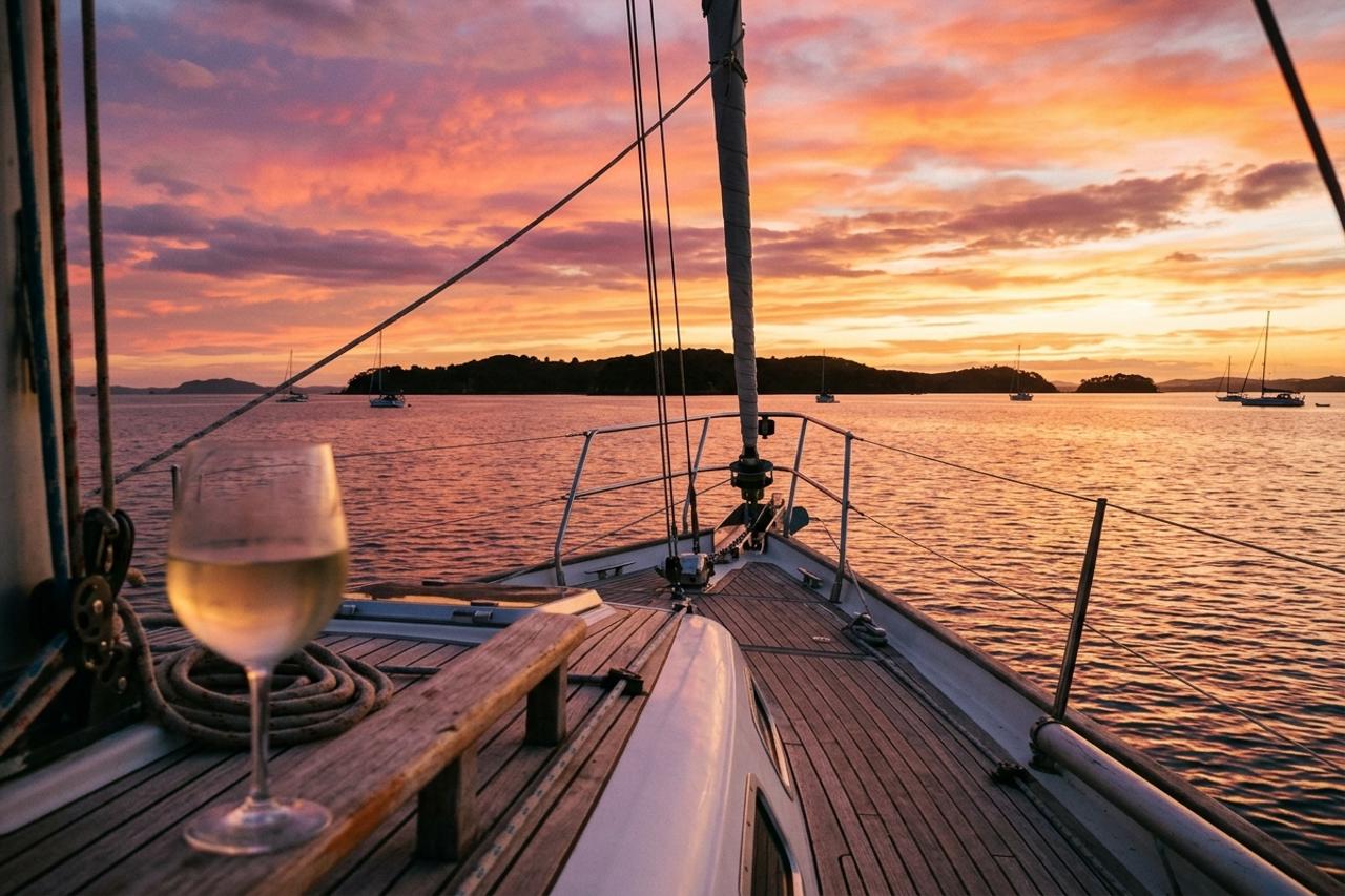 Yacht sailing towards sunset