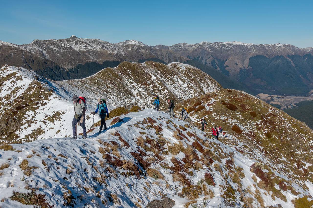 Trampers along the ridges, Mt_Norma, Lewis Pass, New Zealand, Visiting New Zealand in July