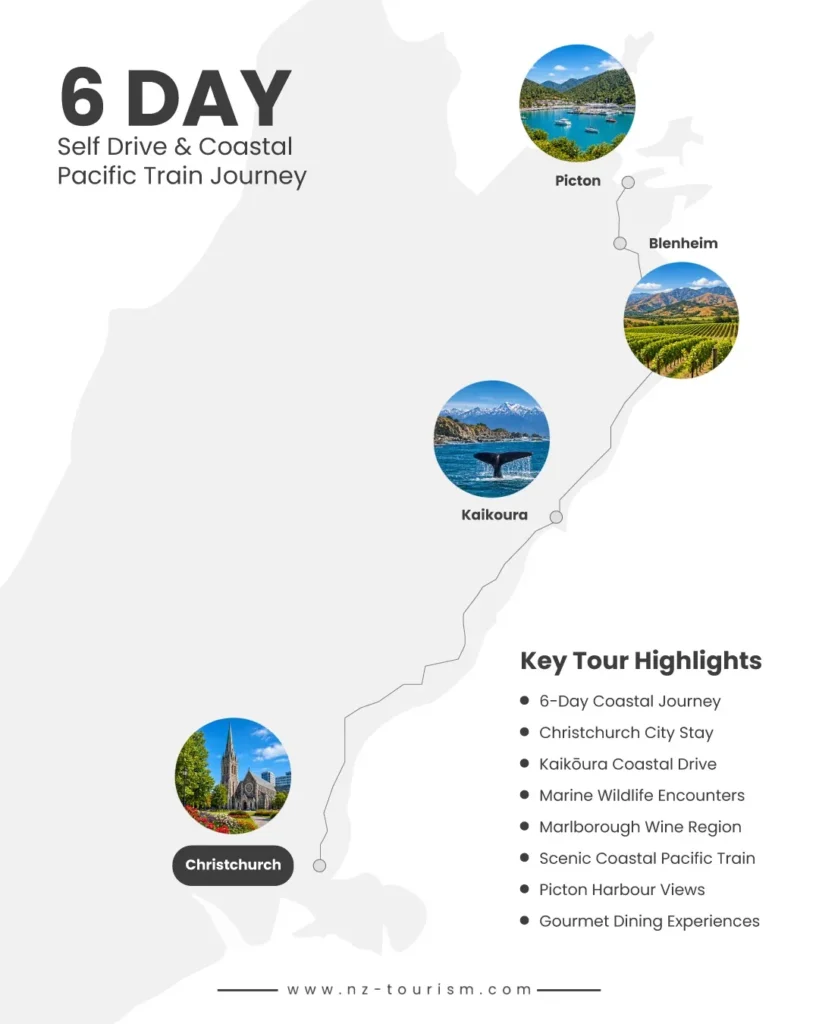 6 Day South Island New Zealand Self Drive Tour Map