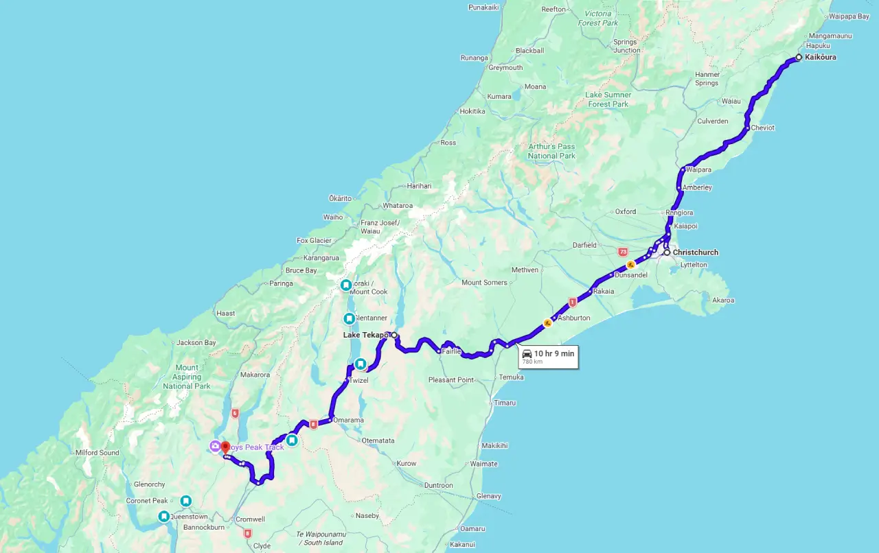 10 Day South Island Winter Itinerary Map