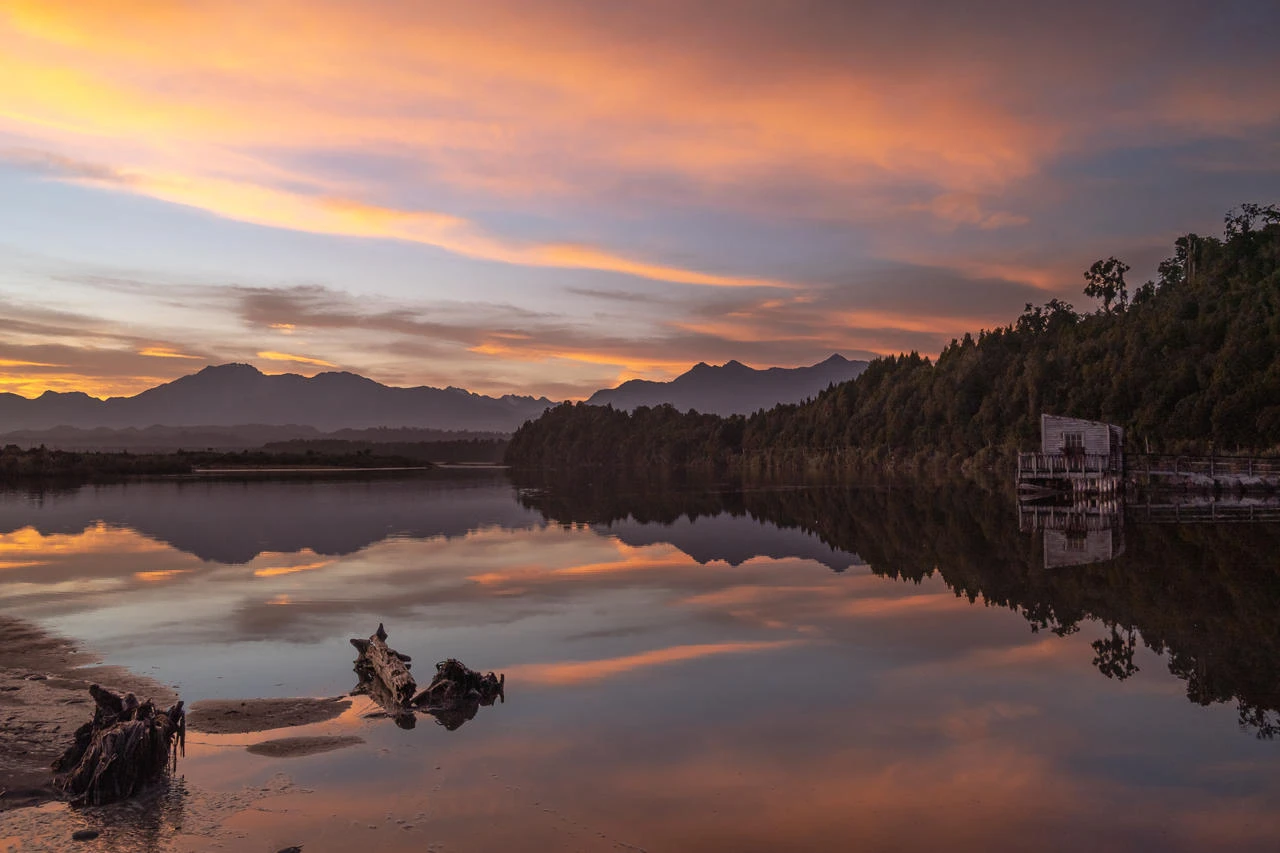 Okarito Wharf Lagoon Sunset